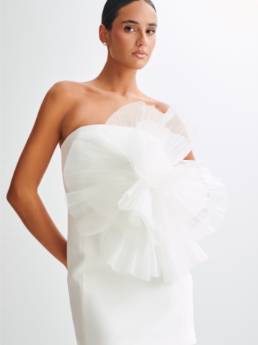 MESHKI Victoria Strapless Mini Dress with Oversized Flower - White